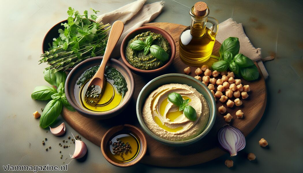 Voeg olijfolie voor romige textuur   - Zelf kruidenboter, hummus en pesto maken in 5 minuten