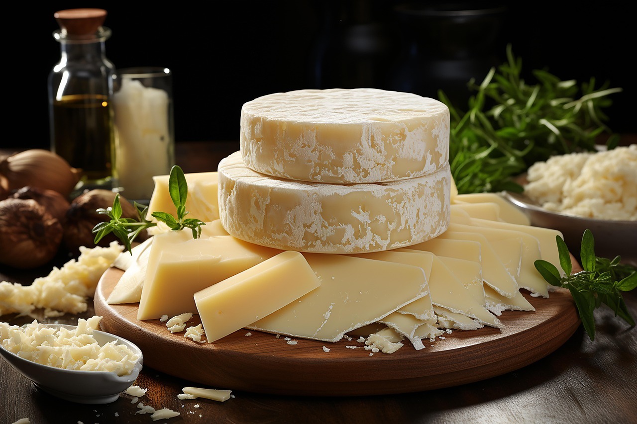 ai generated, cheeses, food, chopping board, diet, dairy products, milk, caciotta, pecorino cheese