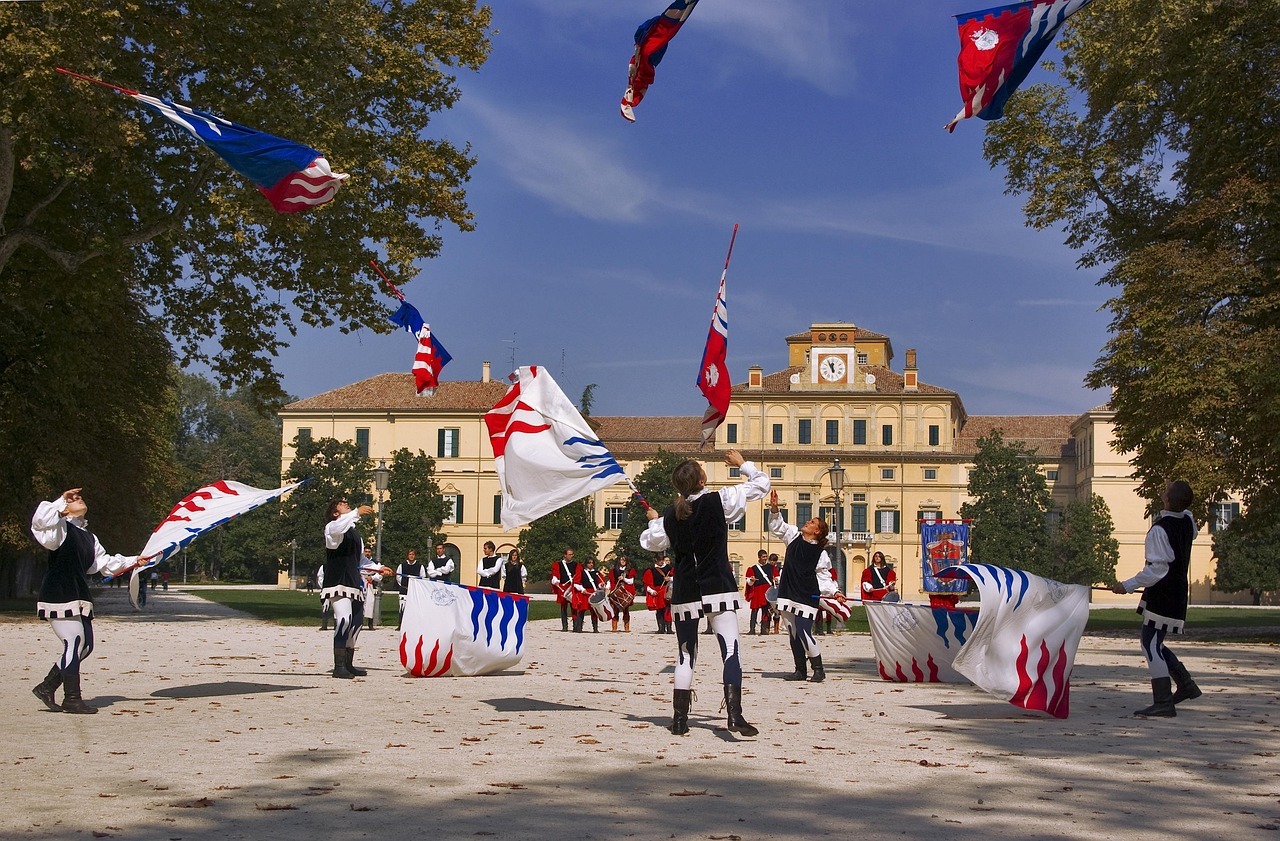 parma, italy, landscape, nature, boys, girls, twirling, flags, buildings, sky, clouds, entertainment, performing